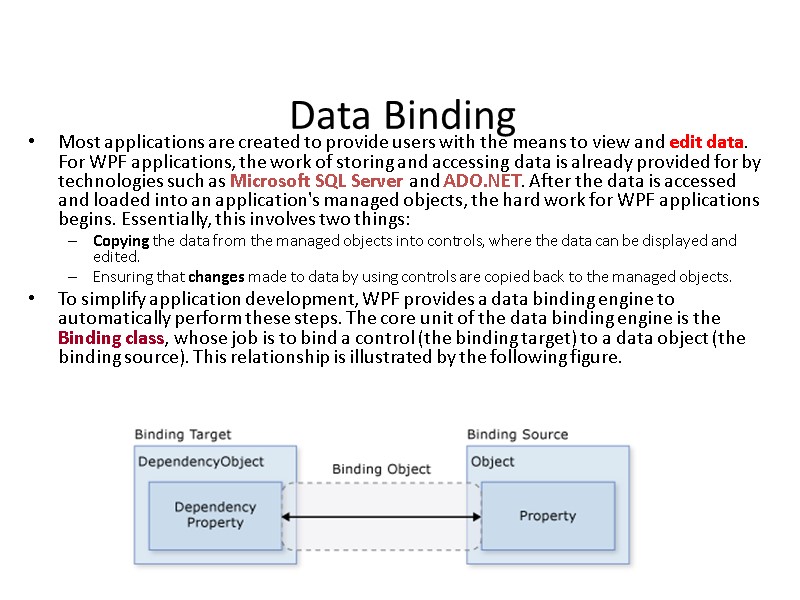 Data Binding Most applications are created to provide users with the means to view